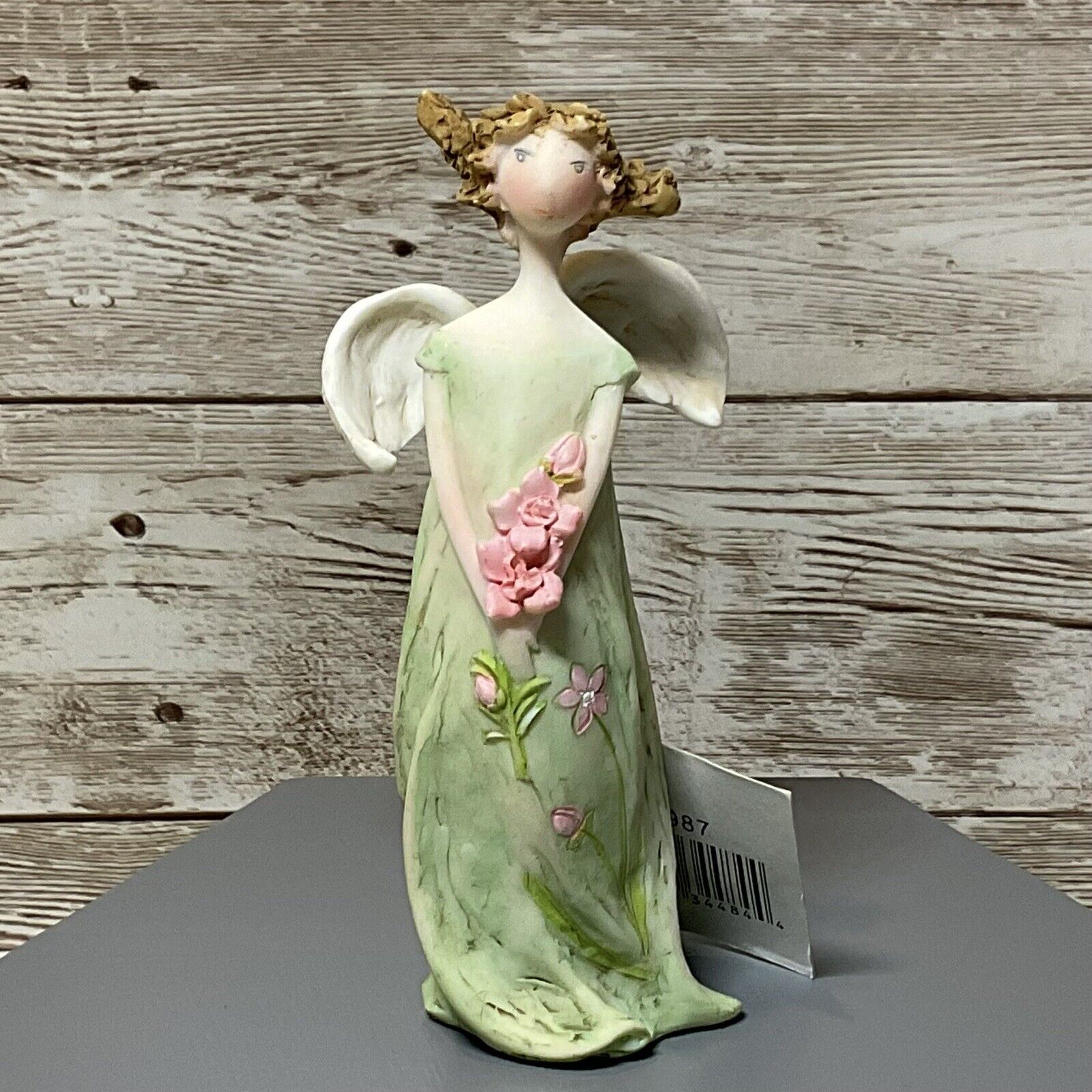 Pink and Green Angel Figurine 4” July Angel Blossoms Roman Inc. #41987