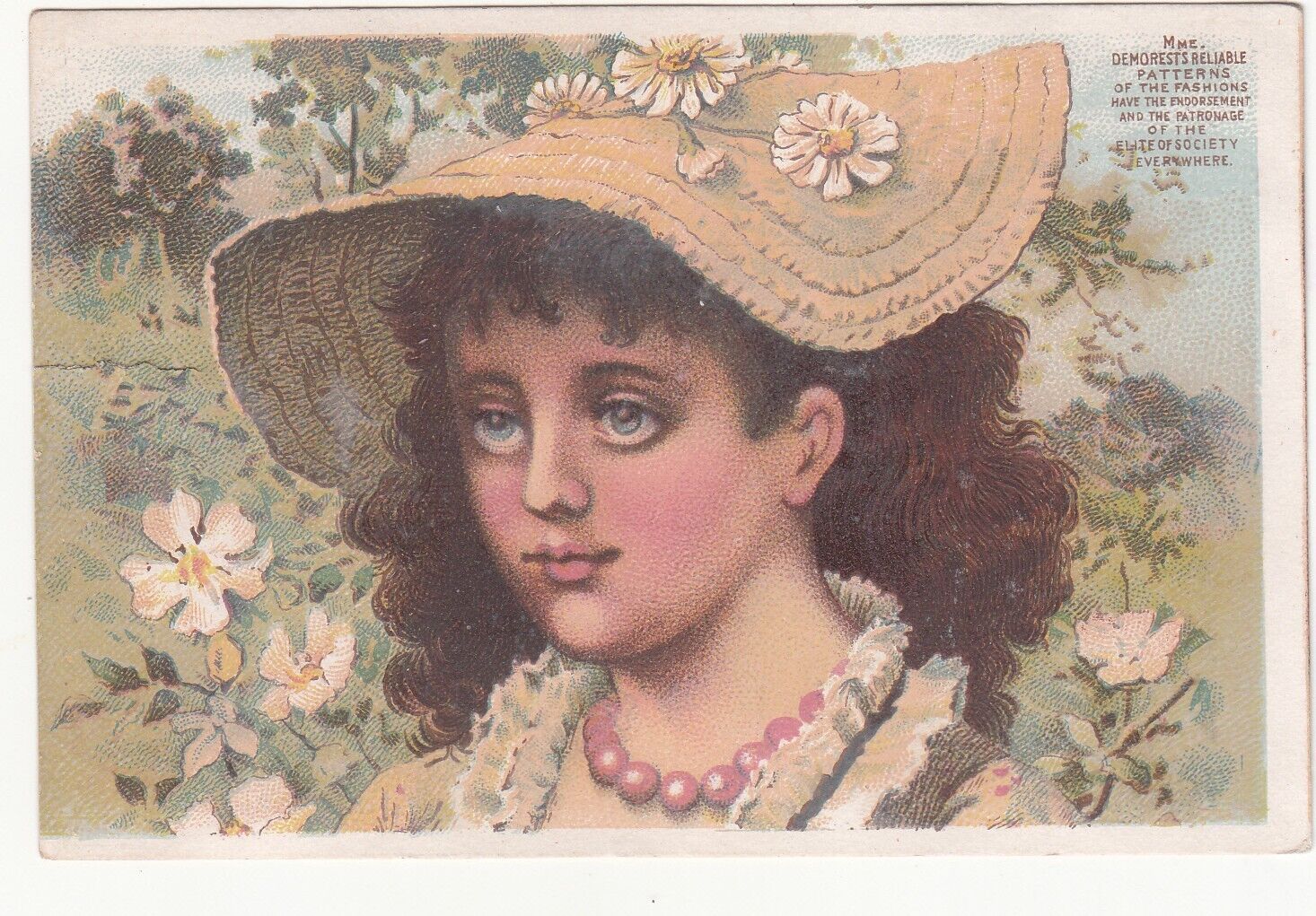 Mme Demorest Straw Hat Daisies Mrs I A Traver Millinery Watertown NY Card c1880s