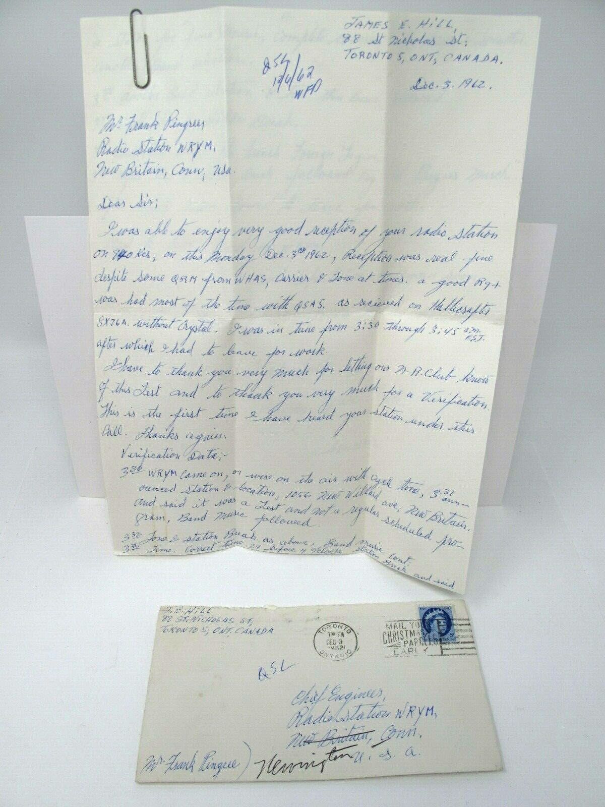  1962 WRYM Newington Connecticut QSL Radio Letter Envelope Frank Pingree ESPN #2