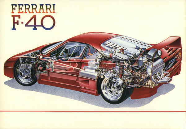 Cars Spaccato Ferrari F-40 Postcard Vintage Post Card