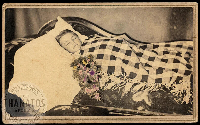 1860s Post Mortem CDV of Girl with Blanket & Painted Flowers