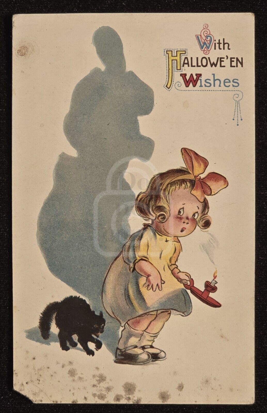 Rare Halloween Postcard with Scared Little Girl and Black Cat. C 1910's Winsch 