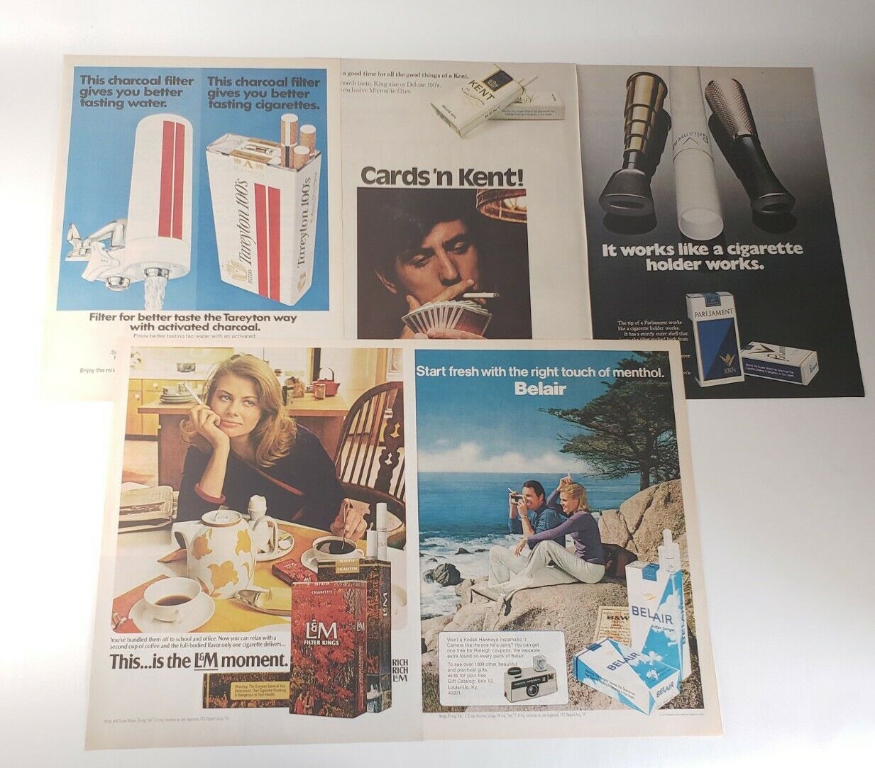 5 Vintage 1972 Cigarette Print Ad lot Original L&M Kent Belair Parliament 