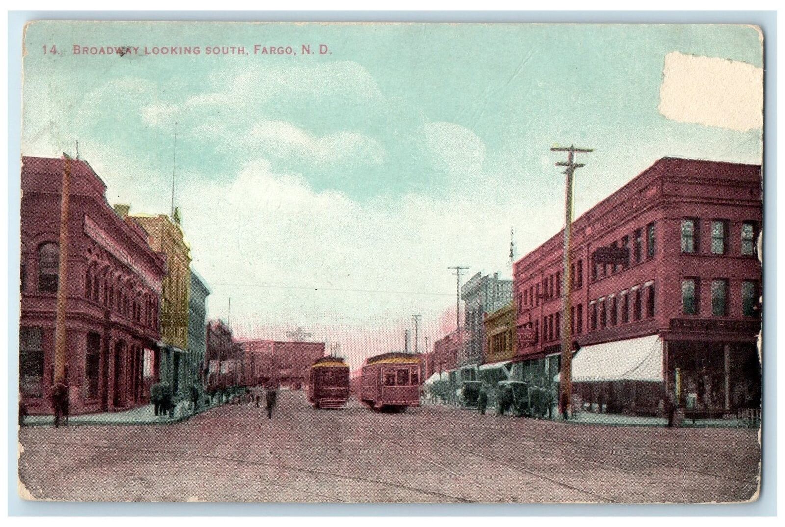 1908 Broadway Classic Car Intersection Trolley Town Fargo North Dakota Postcard
