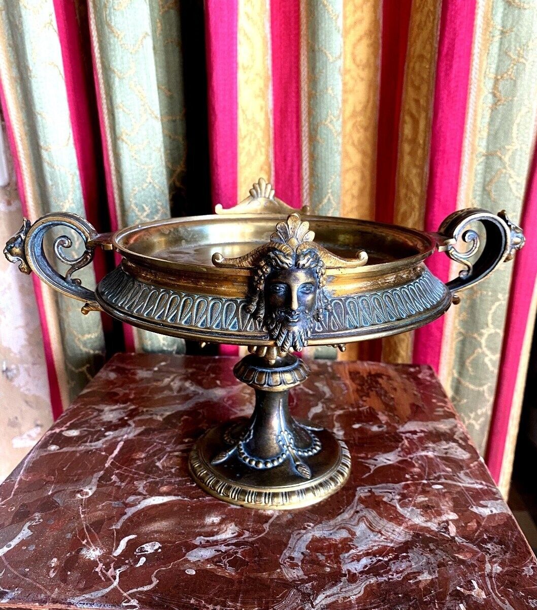Antique Napoleon III Ornate Bronze Cup Centrepiece with Mascaron Heads 19th Cent