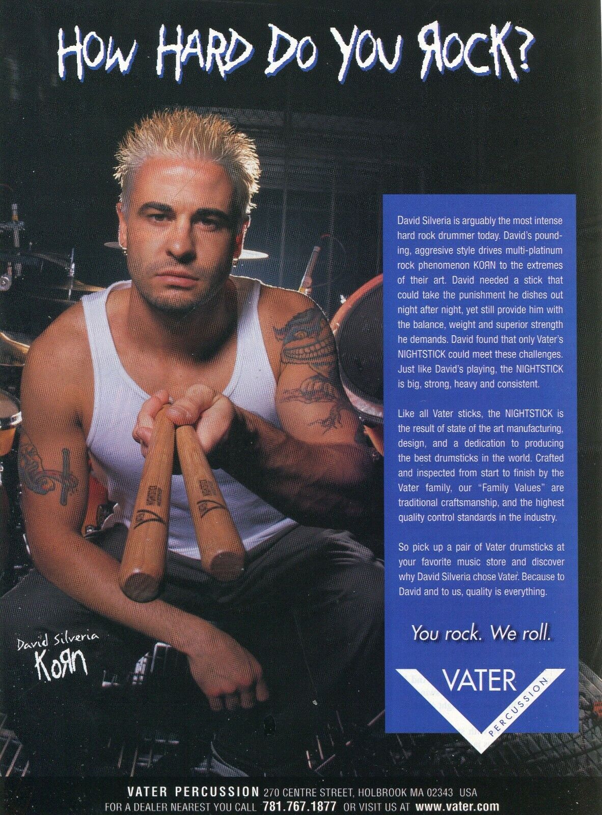 2000 Magazine Print Ad of Vater Nightstick Drumsticks w David Silveria of Korn