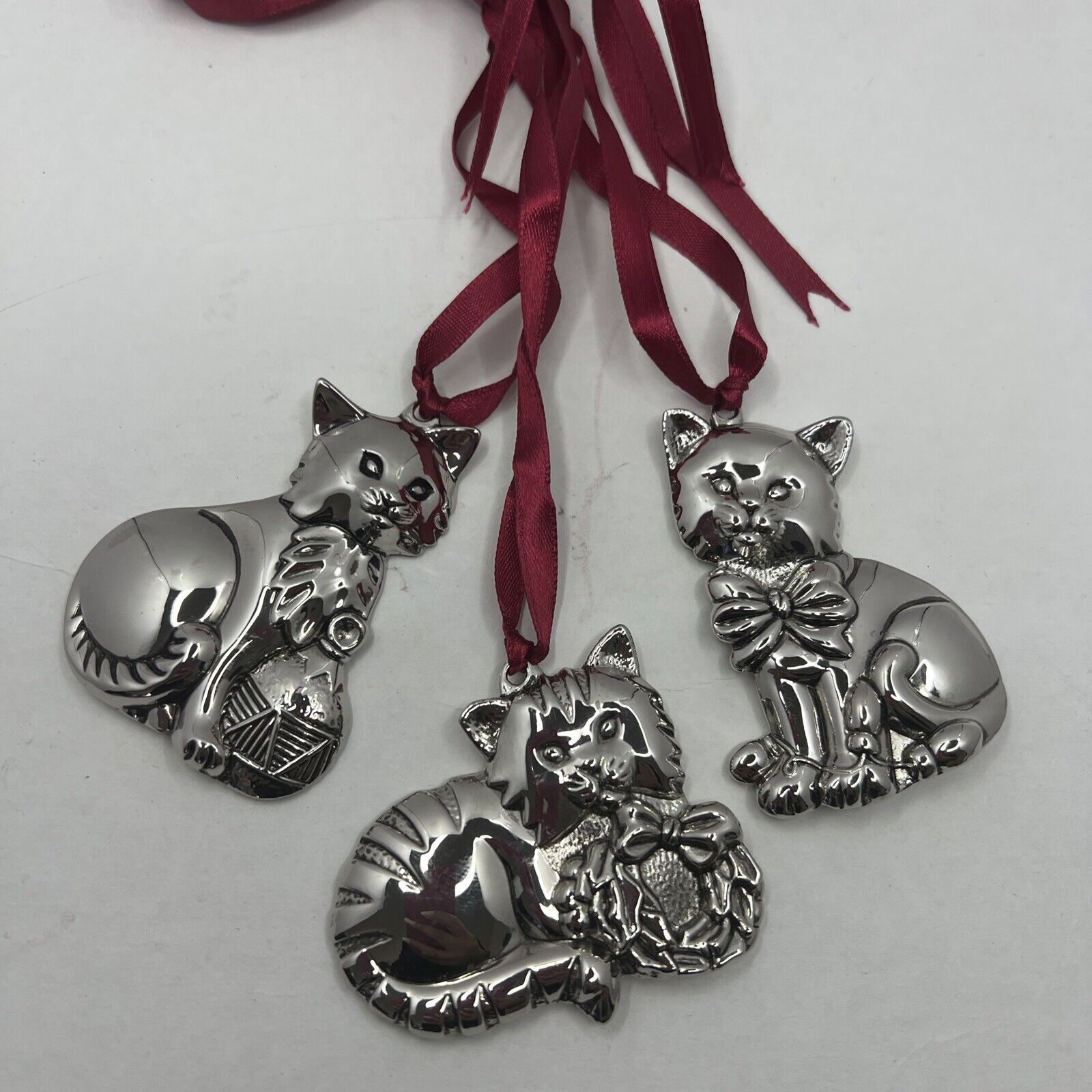 Vintage Gorham Set of 3 Cats Silver-plated Christmas Ornaments