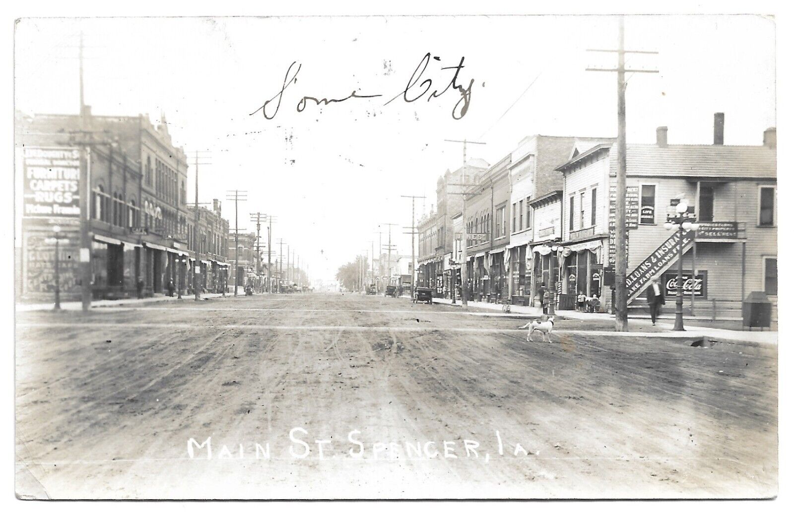 Spencer Iowa Street Scene, Lots of Signage, Antique RPPC Photo Postcard