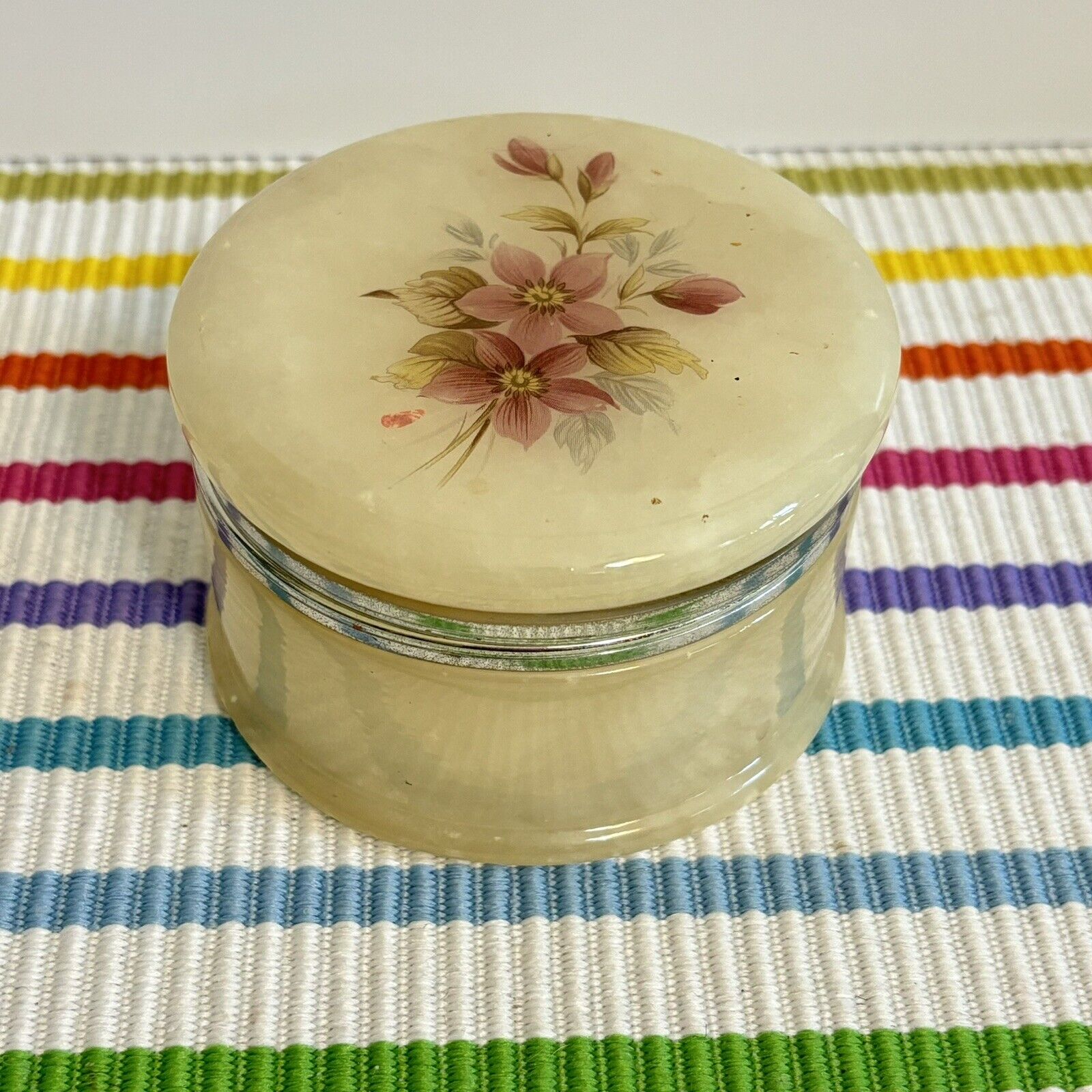 Vintage Italian Alabaster Trinket Box With Painted Floral Top