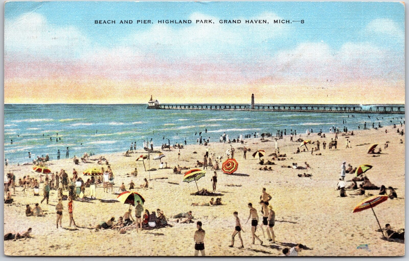 1956 Beach And Pier Highland Park Grand Haven Michigan MI Posted Postcard