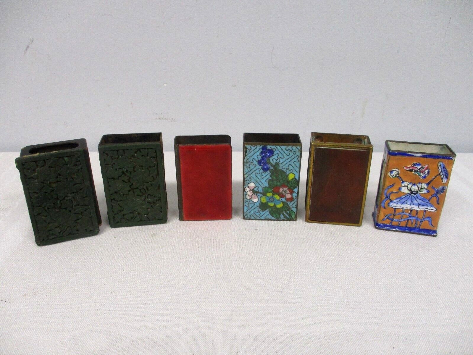6 ANTIQUE CHINESE CLOISONNE ENAMEL & GERMAN MATCH BOX COVERS ~ 2 CARVED TOPS