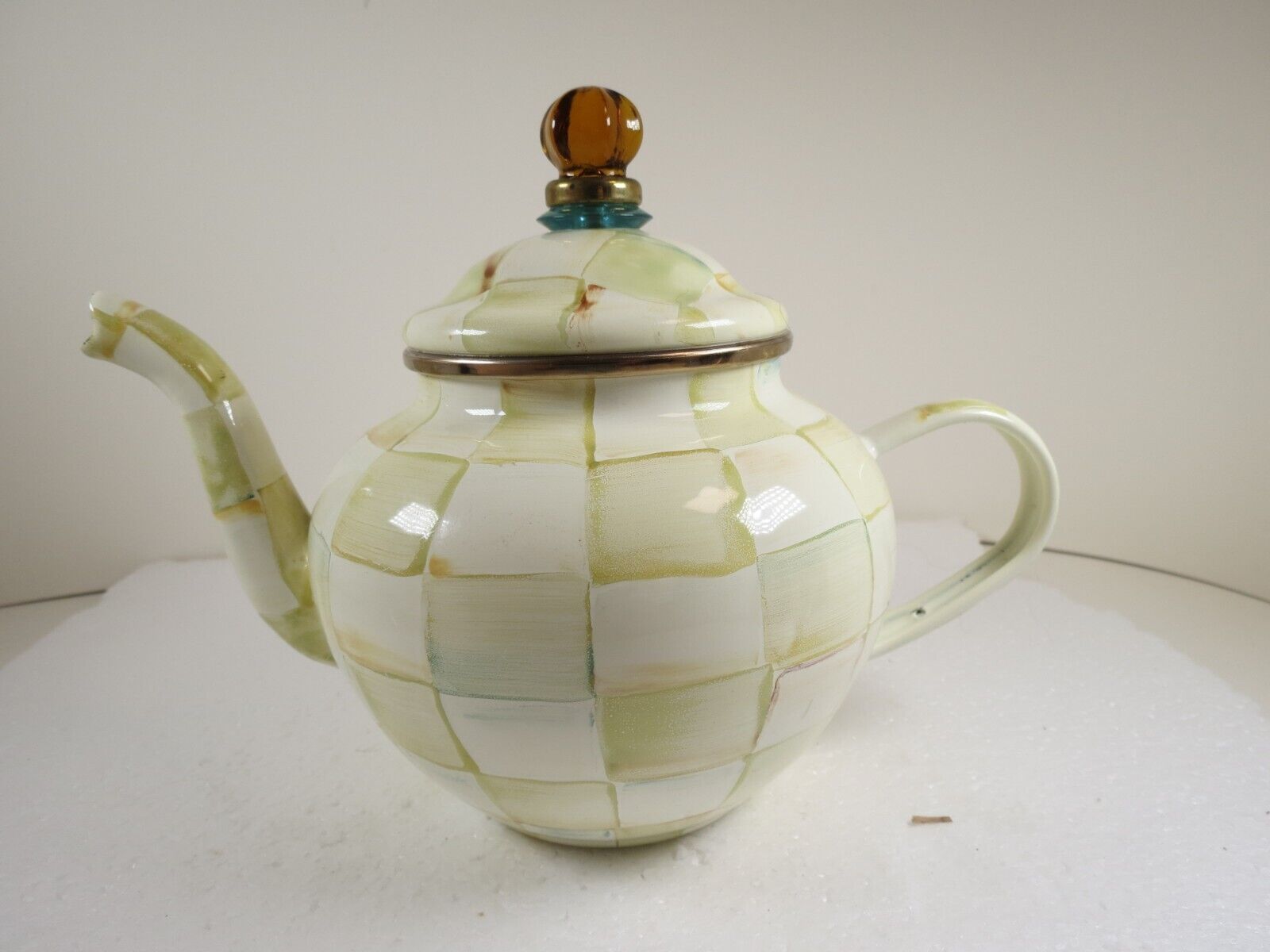 MacKenzie Childs Parchment Check Enamel Teapot LIGHT USE WITH INSTRUCTIONS