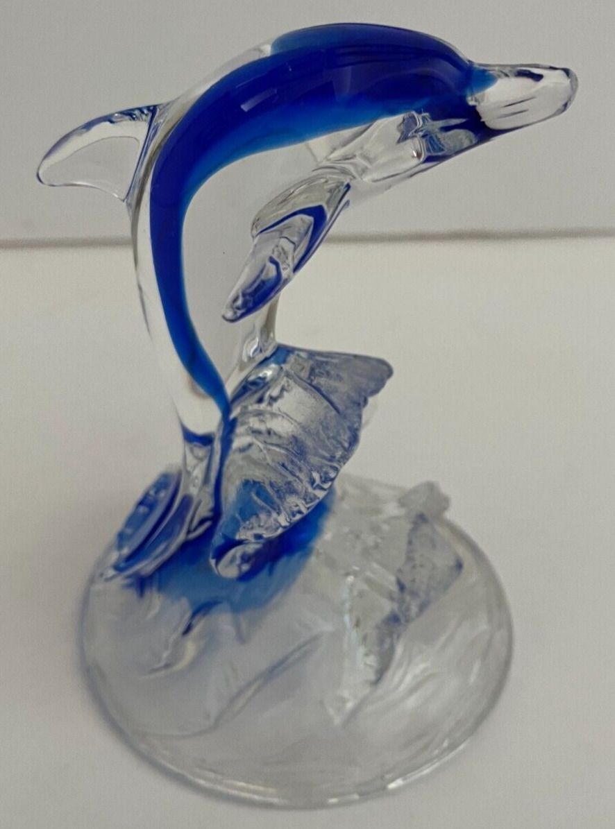 Vintage Dolphin Figurine Paperweight Cobalt Blue Clear Art Glass Porpoise Wave