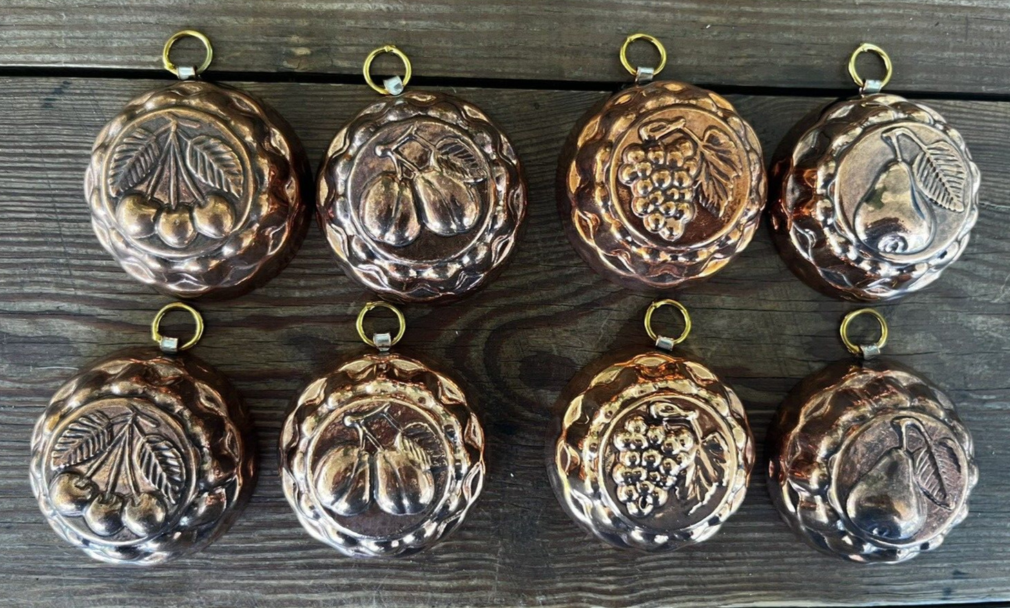 Vintage Round Miniature Copper Molds Fruit Pear Strawberry Set Of 8 Mini Hanging