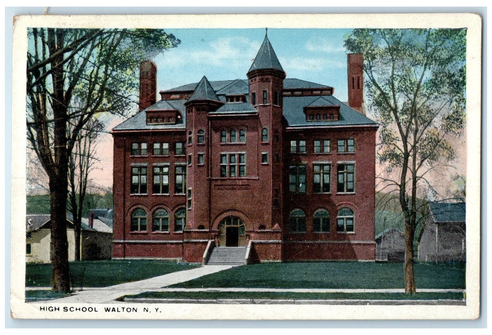 c1920\'s High School Campus Entrance Building Stairs Walton New York NY Postcard