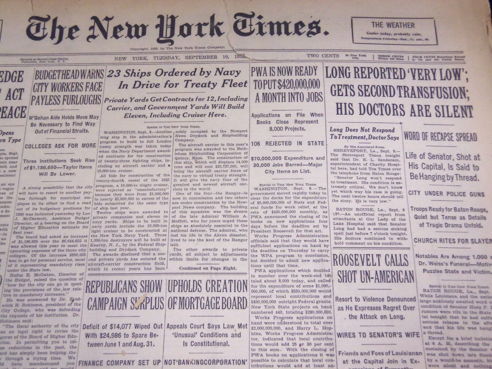 1935 SEPTEMBER 10 NEW YORK TIMES - LOU REPORTED VERY LOW - NT 1955