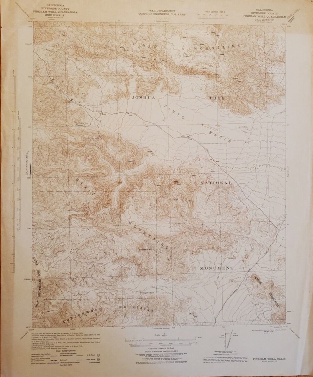 1944 VTG Topo Map WAR DEPT Pinkham Well Quadrangle, CA Grid Zone \