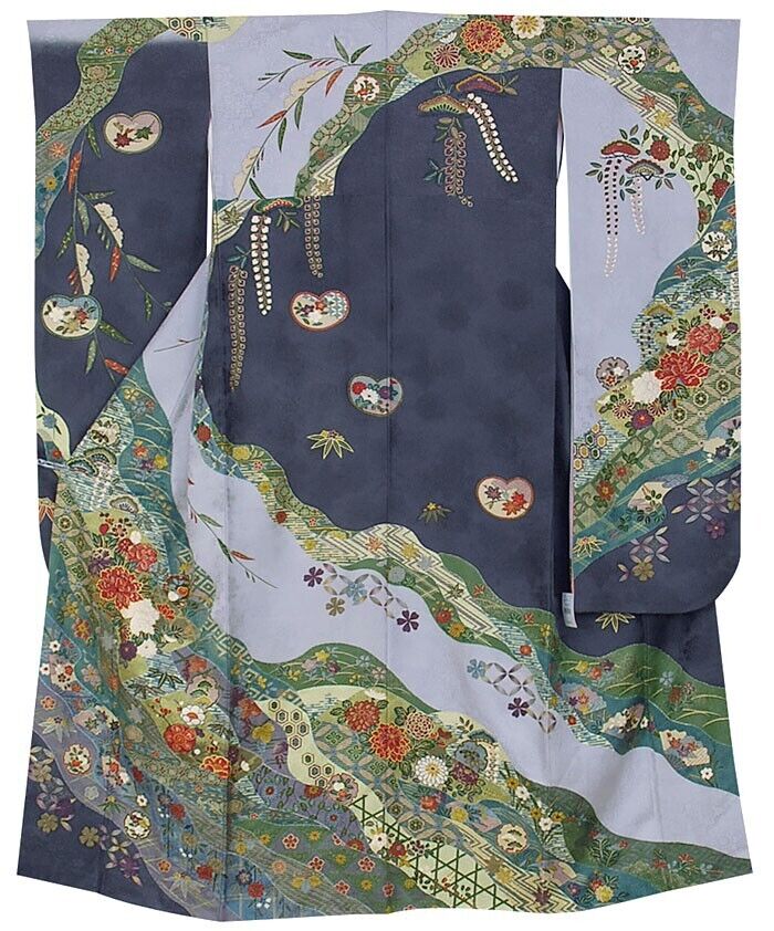 Woman Japanese Kimono Furisode Silk Flower Gray Dusky purplish black