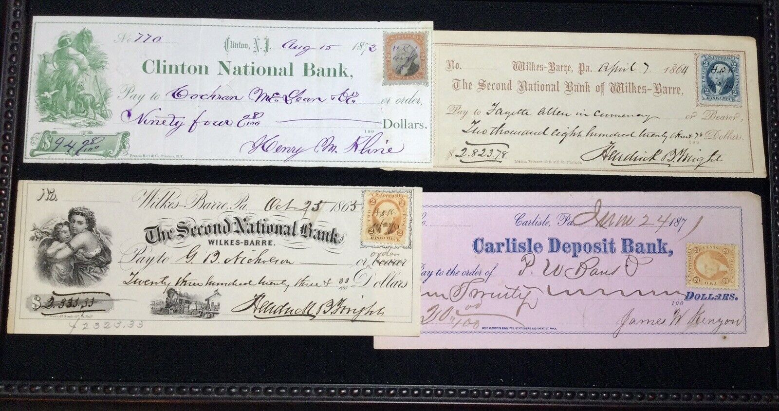 4 Old Bank Check Receipts Used w/ Revenue Stamps - 1864, 1865, 1871, 1872 NJ PA