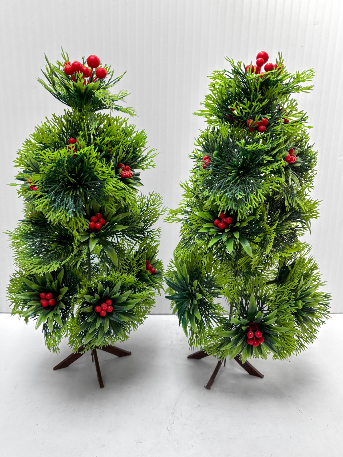 VINTAGE Set of 2 Vintage Plastic Tabletop Christmas Trees - Holly 15 inches tall