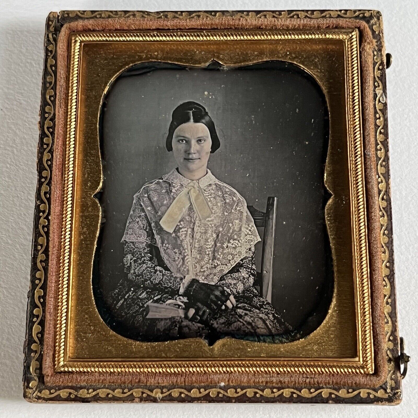 Antique Daguerreotype Photograph Beautiful Demure Young Woman Lace Shaw Gloves