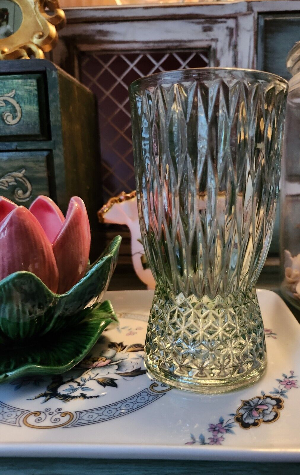 Heavy Greenish Hue Intricate Bud Vase/glass Decor
