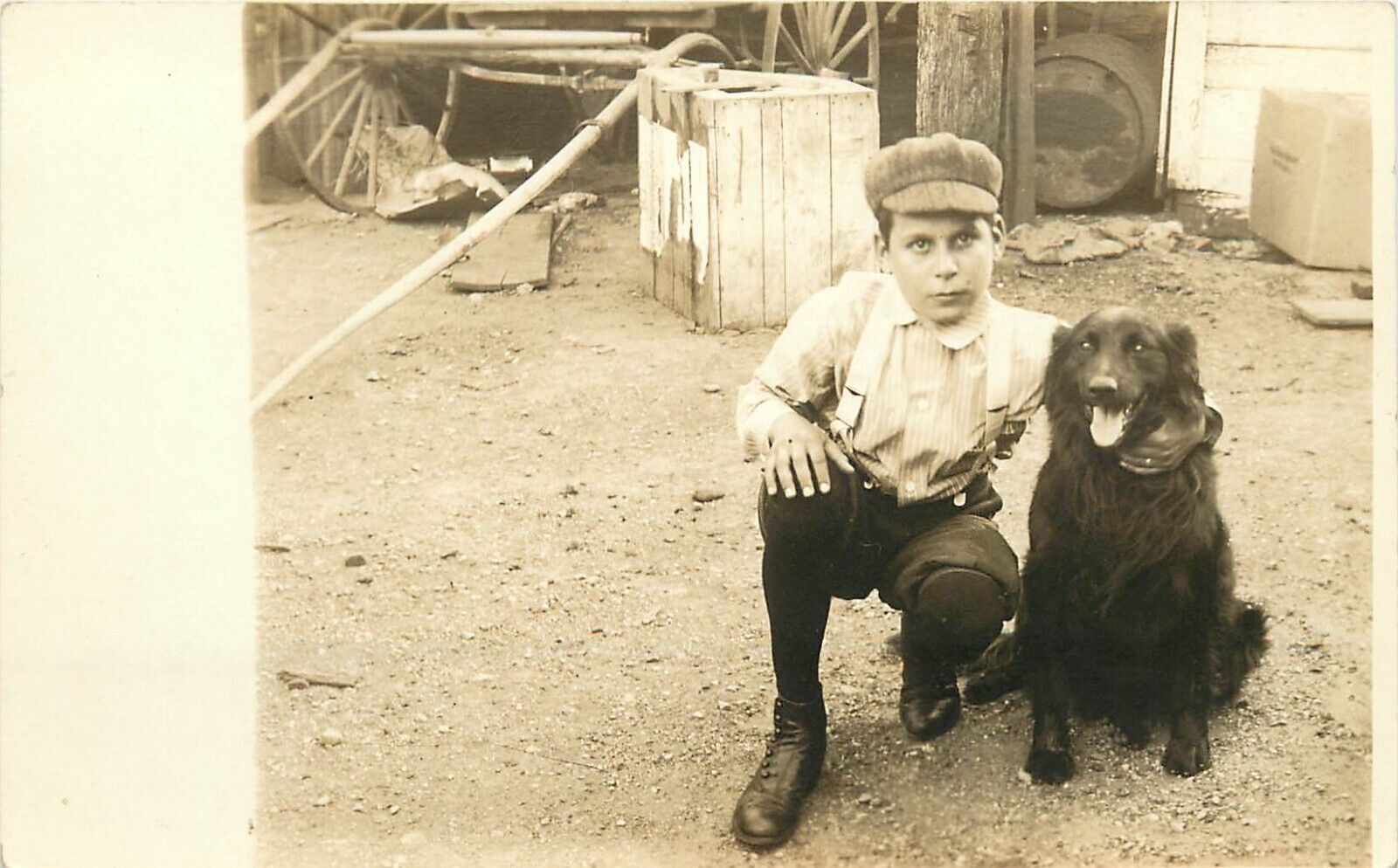 c1907 RPPC Postcard; Boy w/ Arm Around Black Lab Type Dog has Intense Gaze