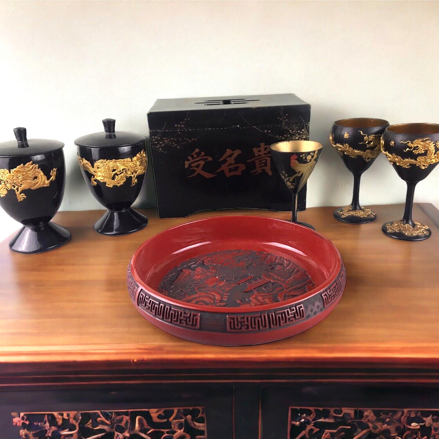Lot Vintage Chinese Decorative Lacquer Ware Dragon Ware Box, Cups and Red Bowl