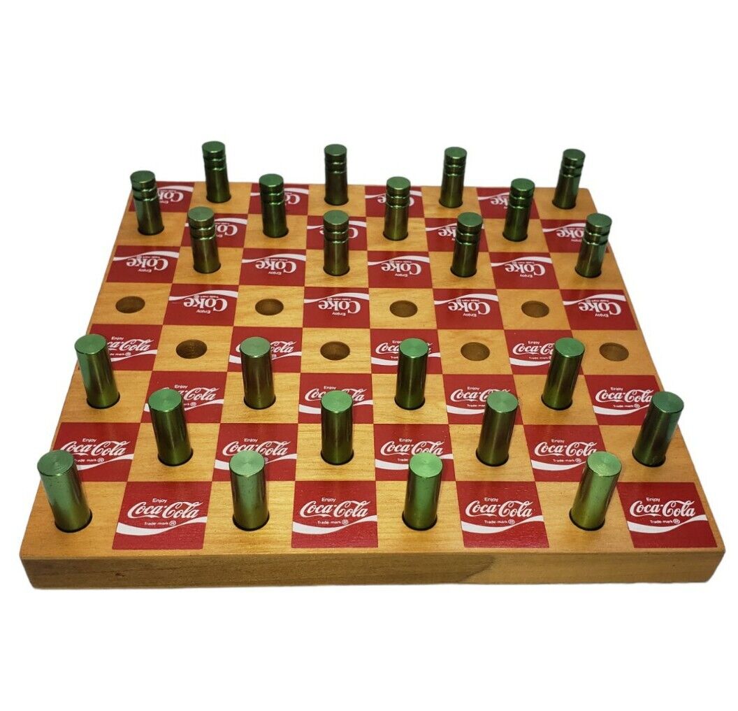 Vintage Coca-Cola Wooden Checkers Board Game With Metal Pieces