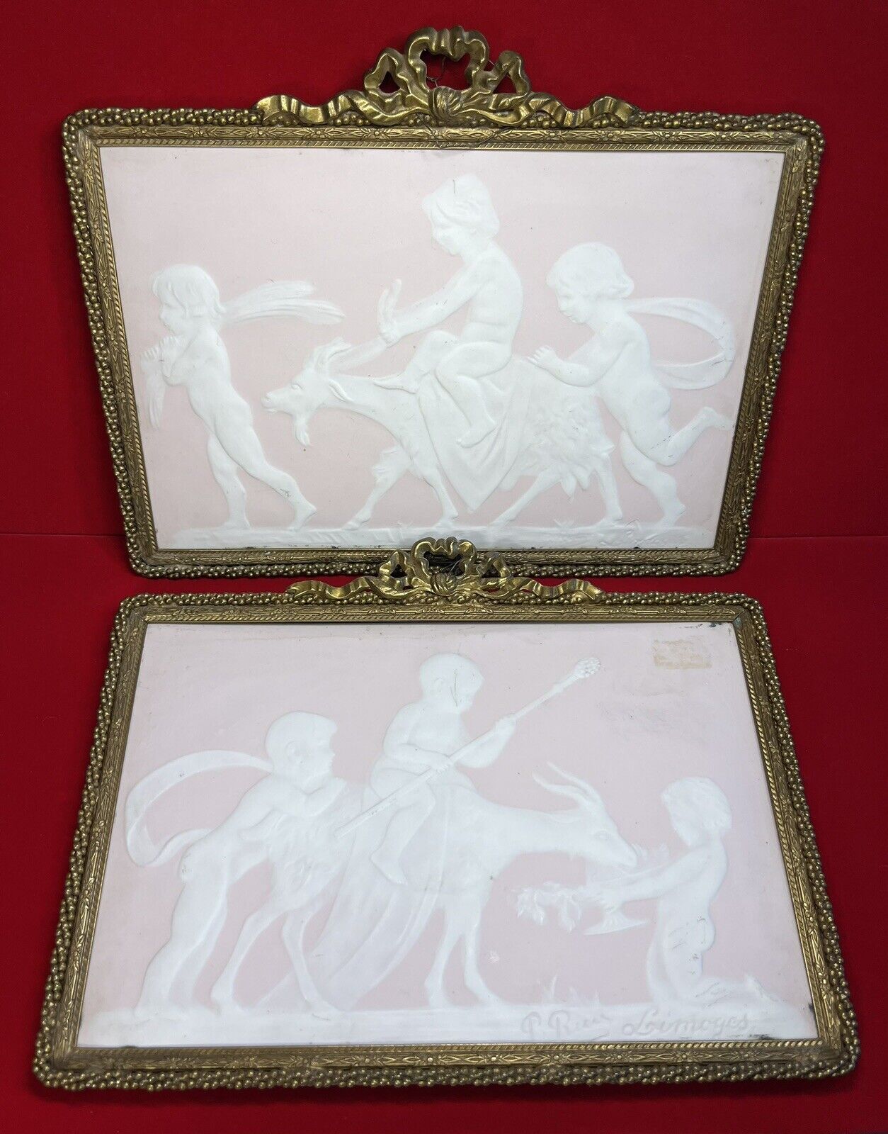 Antique Pair French 19th C. Camille Tharaud Pink Limoges Plaques Bronze Frame