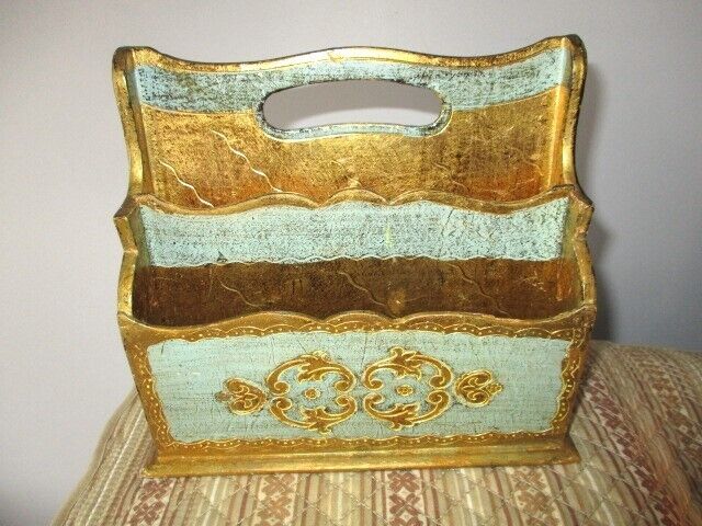 Ornate Aqua & Gold Vintage Italian Florentine Tole Wood Letter Hold Box Tray