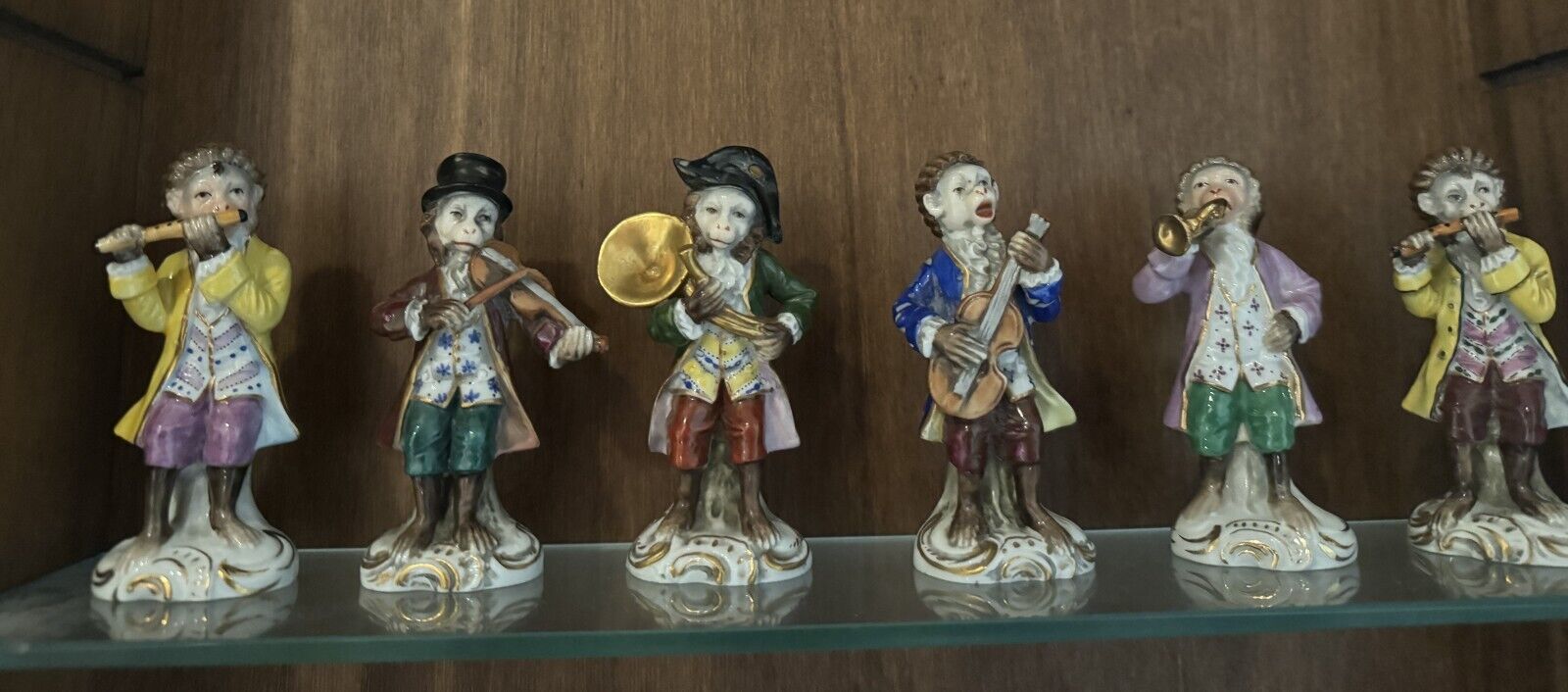 6 Antique hand painted hard-past porcelain Monkey Band musicians