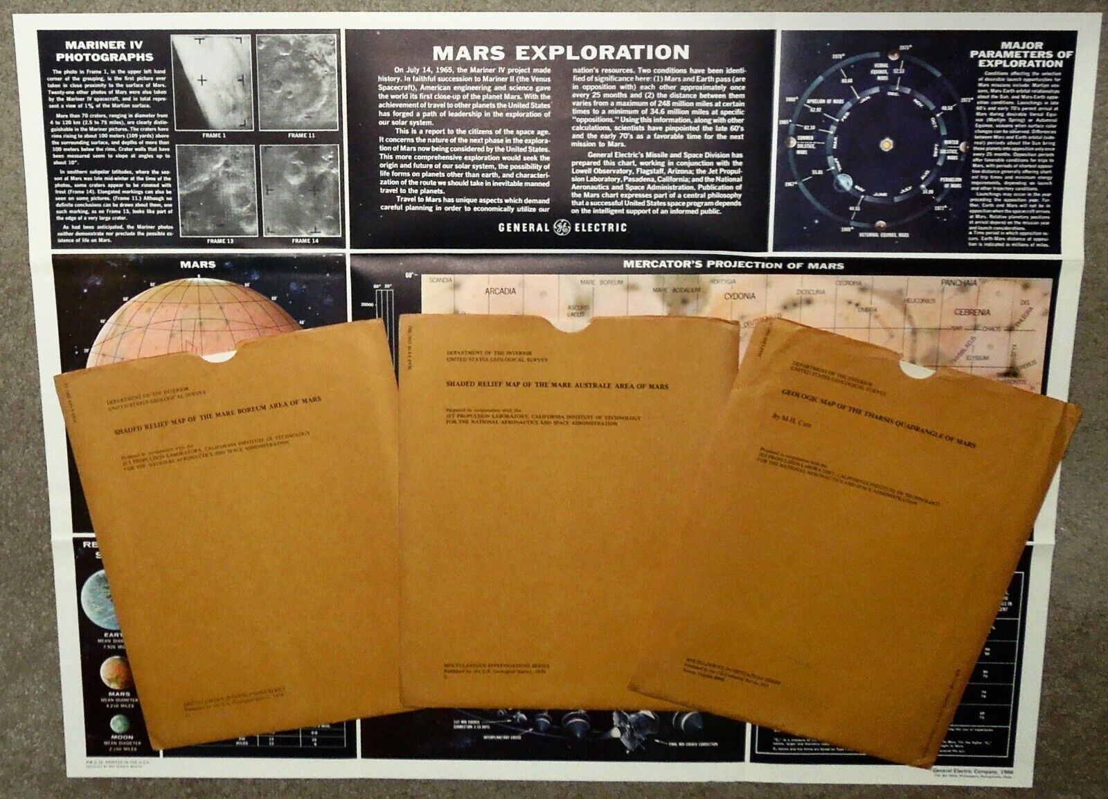 Vintage 1975, 1976 NASA Jet Propulsion Laboratory Mars Maps in Orig. Sleeves x3