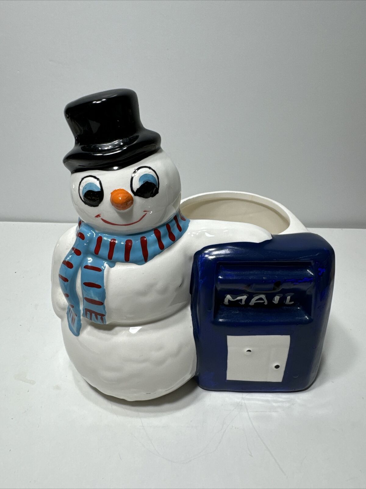 Vintage Ceramic Snowman With Mailbox Christmas Planter Original Sticker Holland