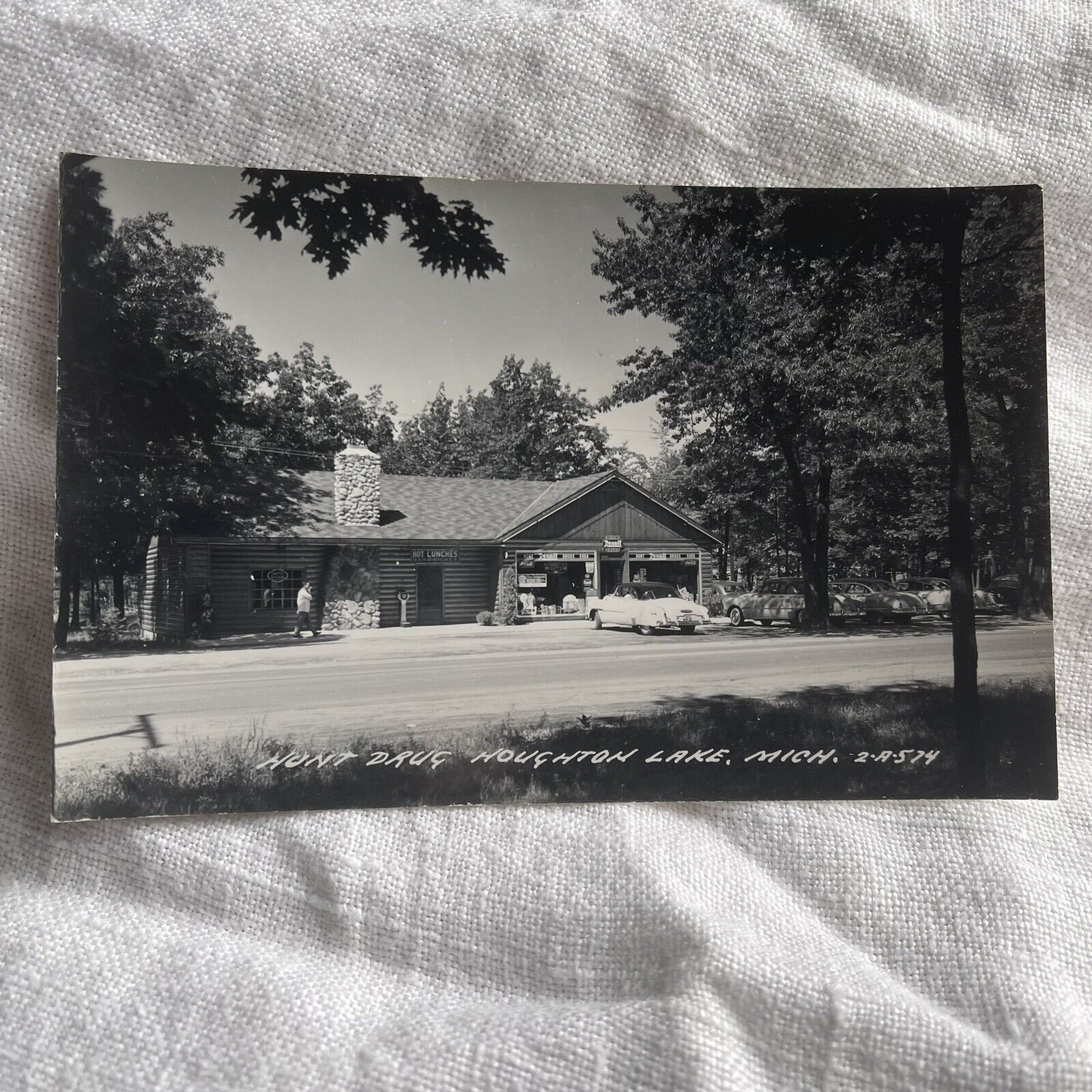 Houghton Lake Michigan Hunt Drug Store Rexall Autos c1940-1950s RPPC Postcard 