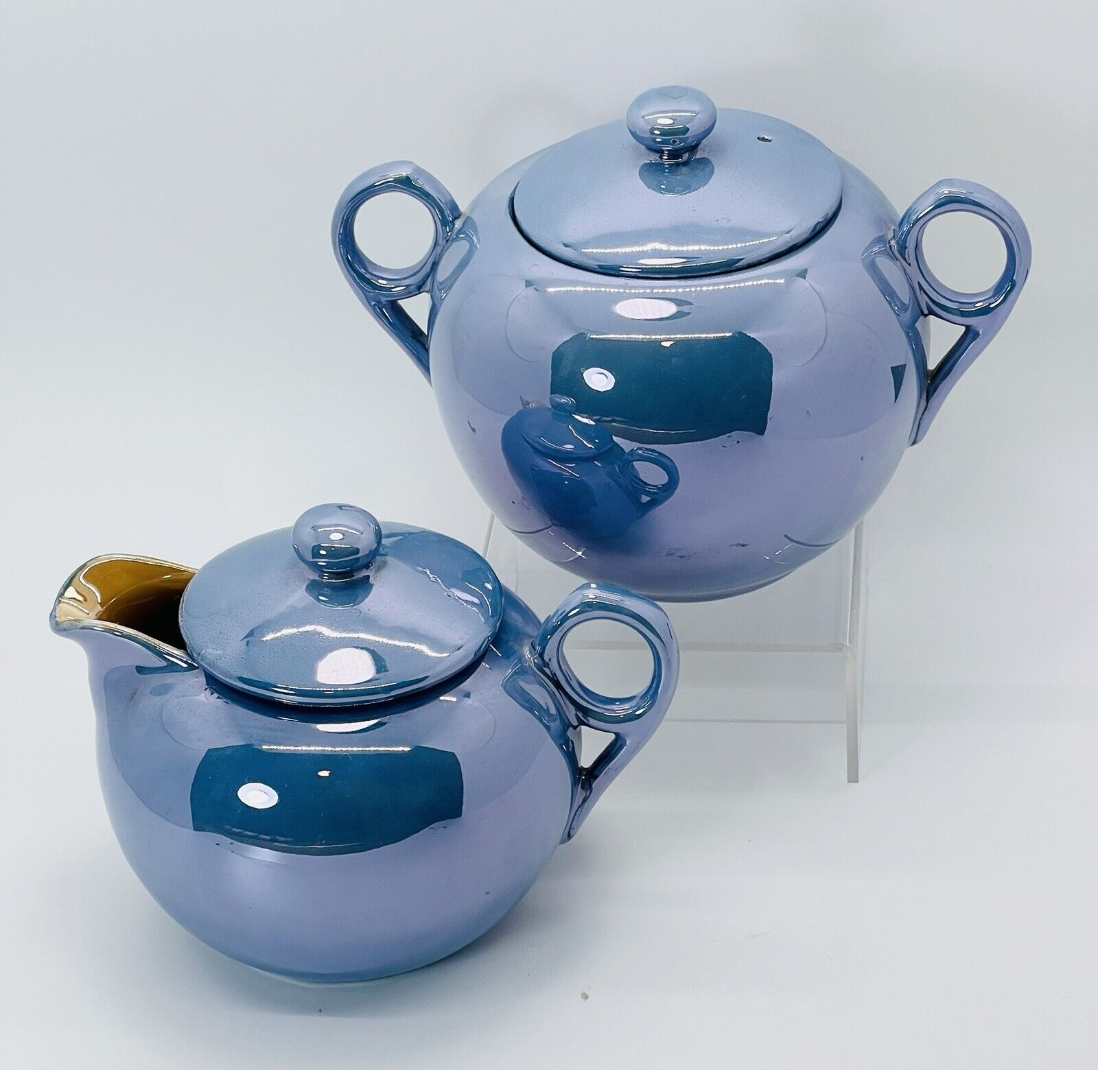 Lusterware Blue Cream & Sugar Bowl ~ Japan Vintage Iridescent Set