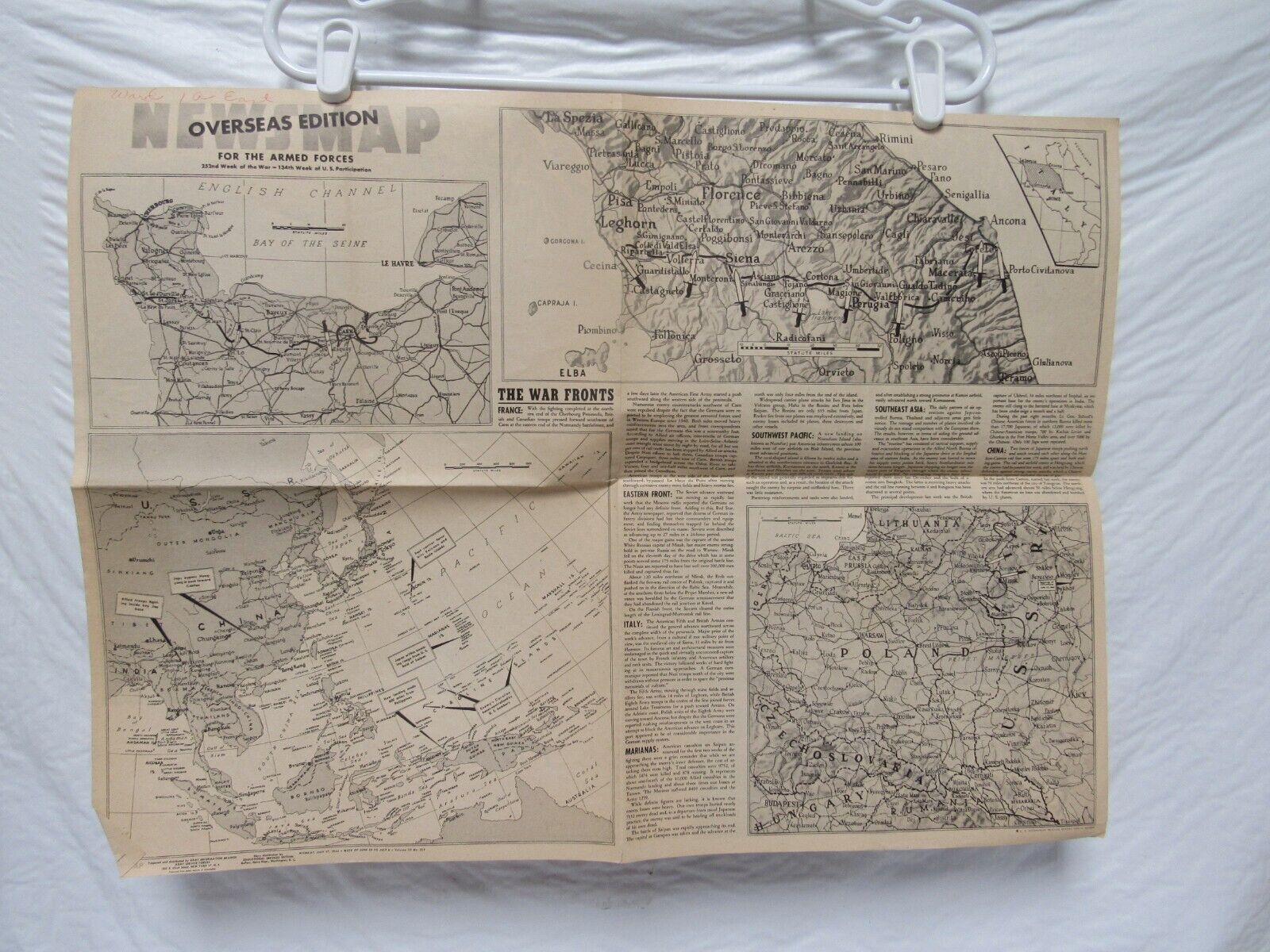 WW2 era NEWSMAP Overseas Edition Armed Forces July 17 1944 Map Po Valley Italy