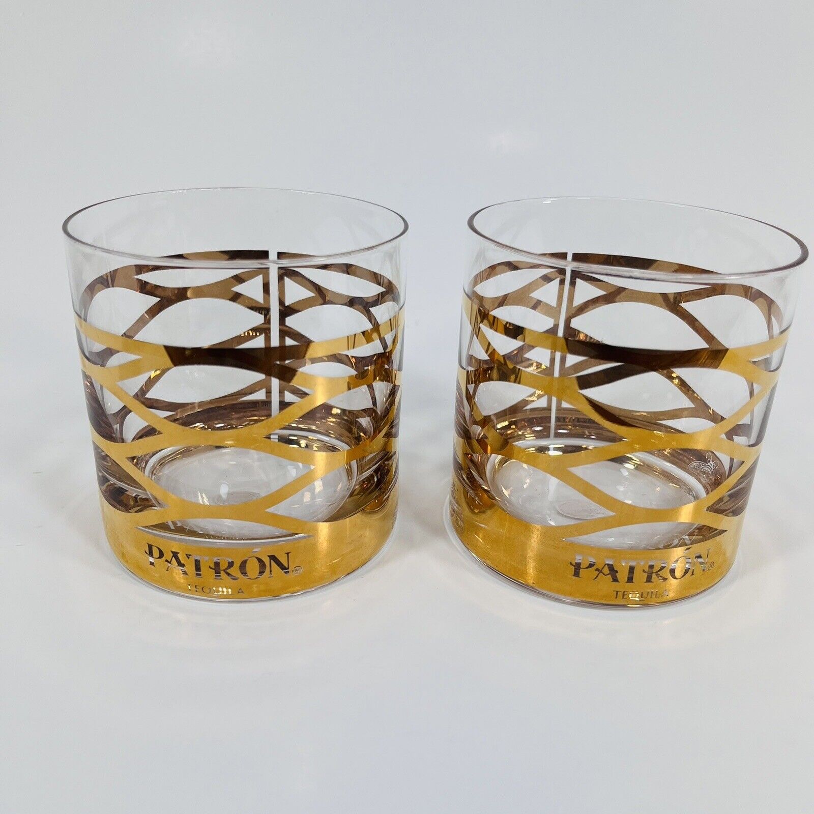 2 X Lowball Glasses - Patron Tequila Gold Trimmed - Pair