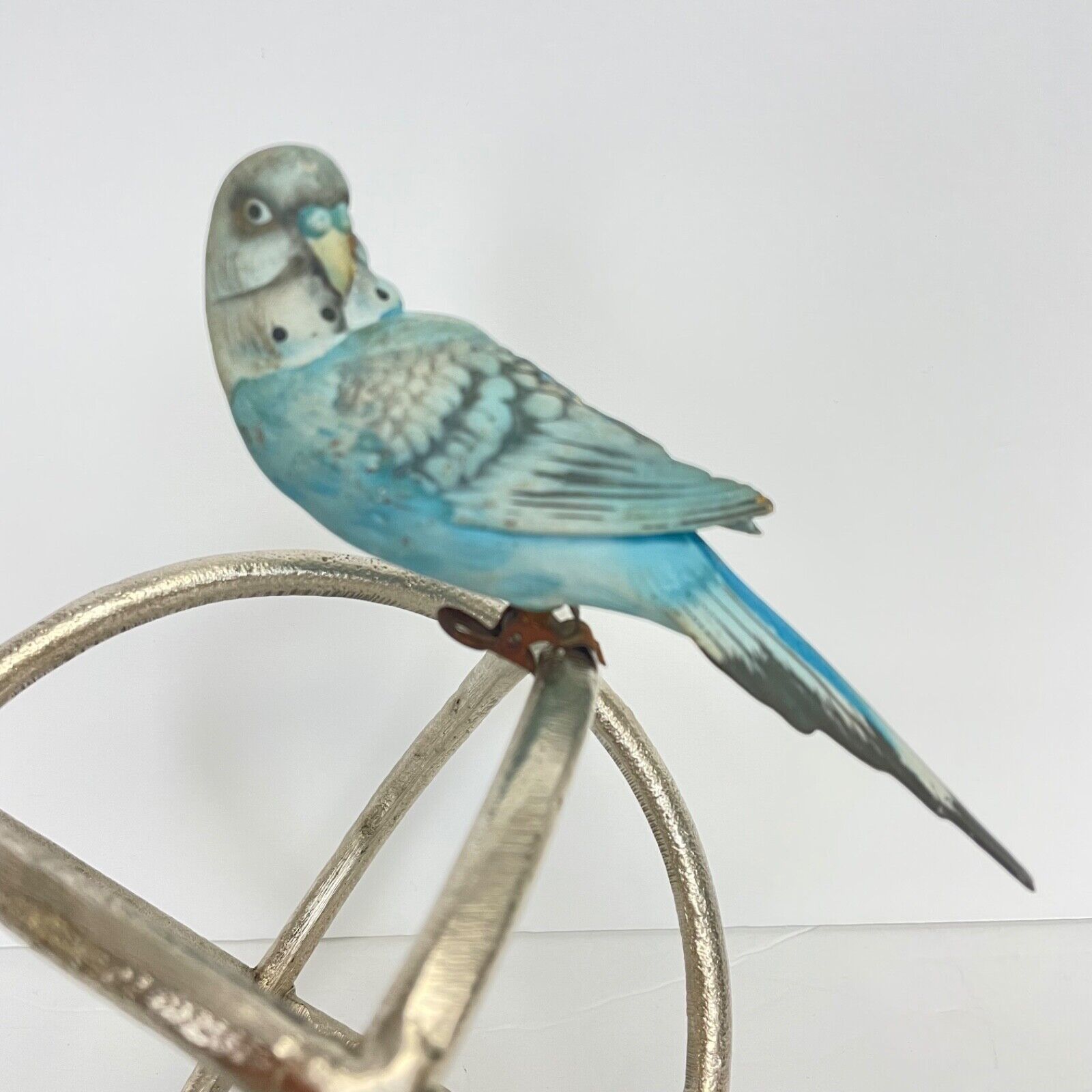 Rare Austrian Porcelain Clip On Blue Bisque Parakeet Circa 1940