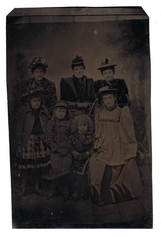 c1860s Wealthy Family Hats Fur Coats 1/2 Plate Tintype 7x4” High Quality