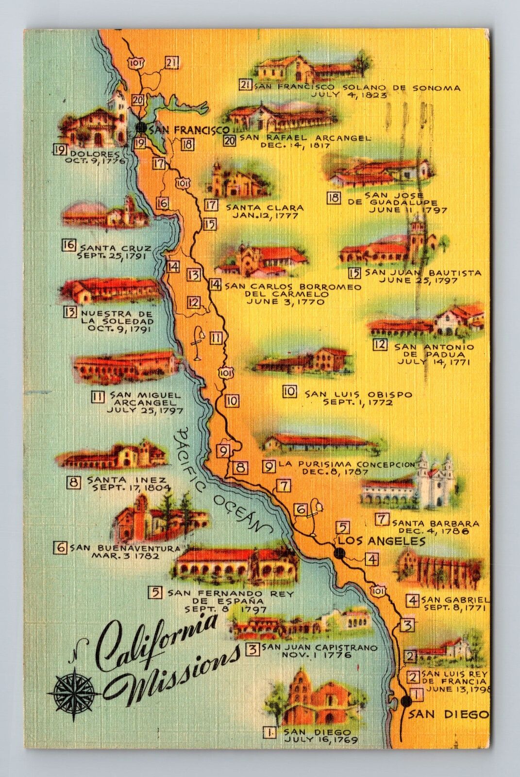 CA-California, Scenic Map Of Landmarks, Antique, Vintage c1948 Souvenir Postcard