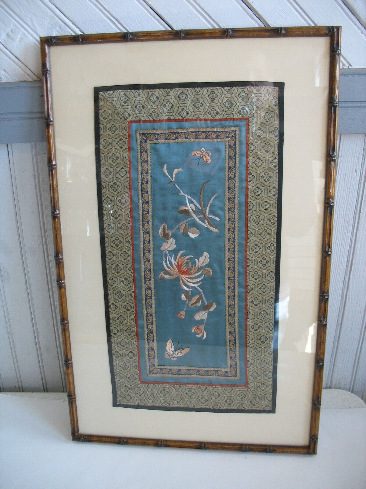 Framed silk embroidery panel Floral Butterflies Asian faux bamboo frame RTH