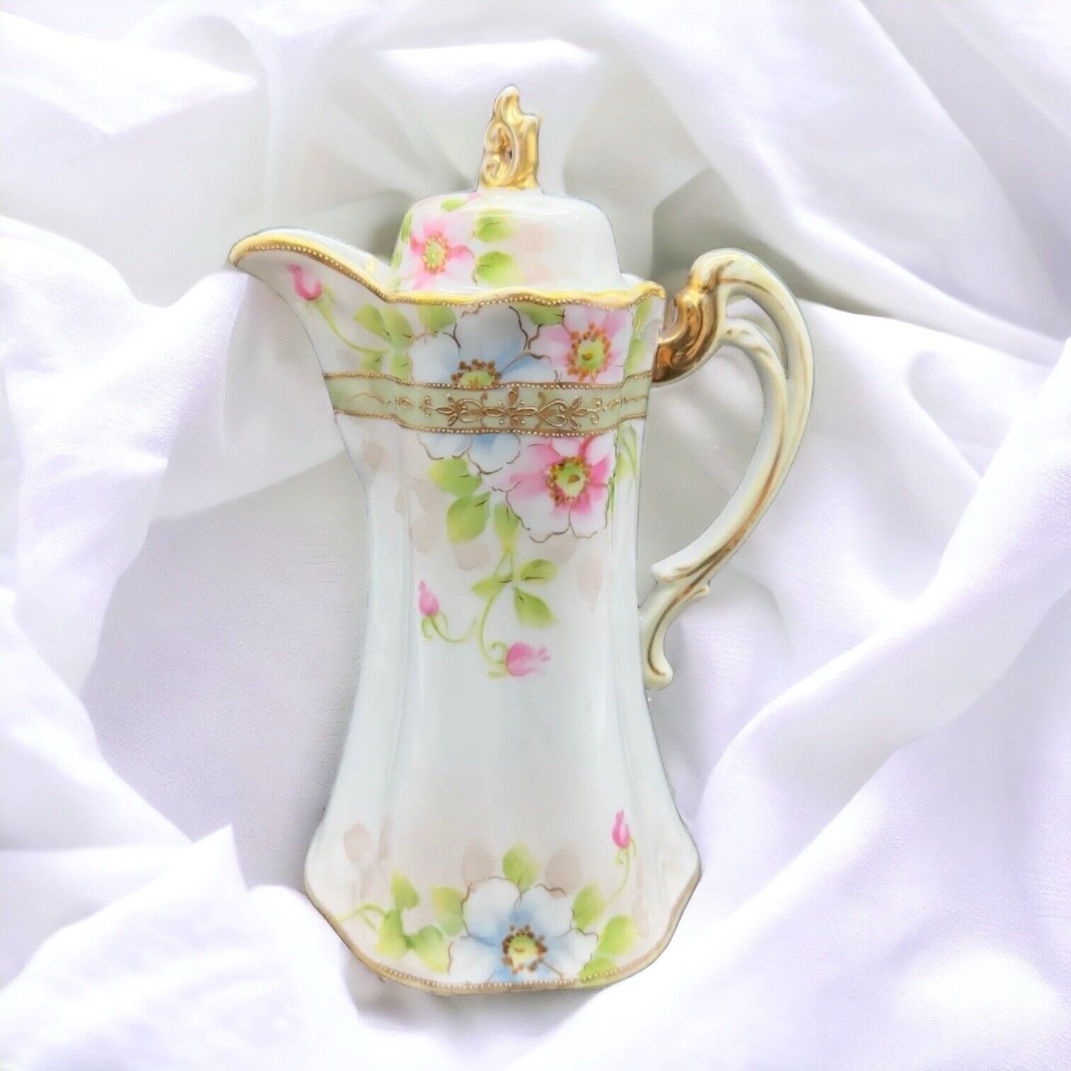 Antique Nippon Moriage Floral Hand Painted Flower Porcelain Chocolate Teapot 9”T