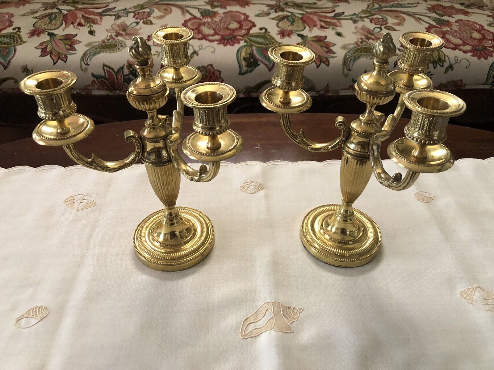 PAIR Antique Ornate Heavy Solid Brass Candelabra 3 Arms 