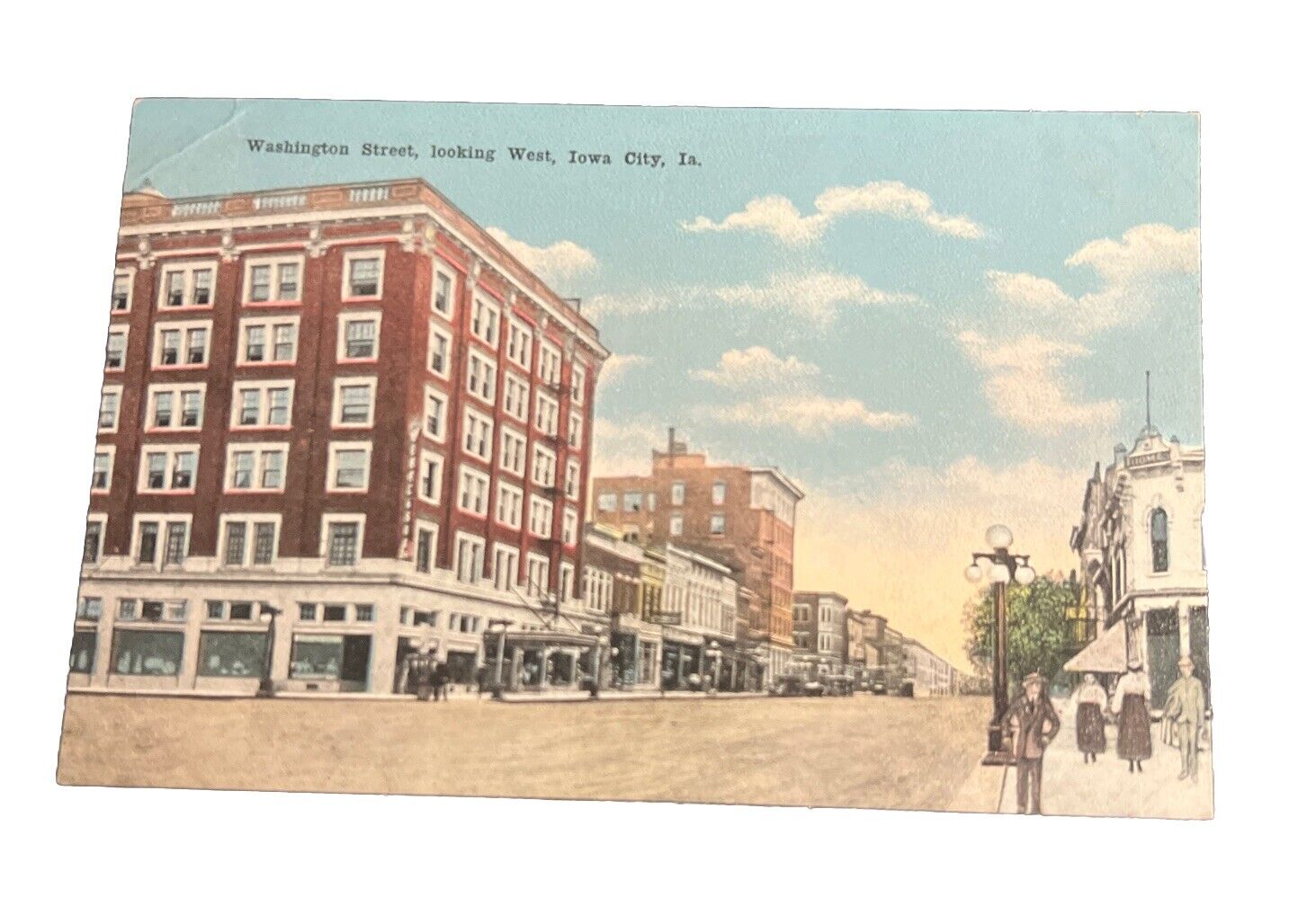 c1920 Postcard Washington Street Iowa City Iowa Thomas Building Street Lamp