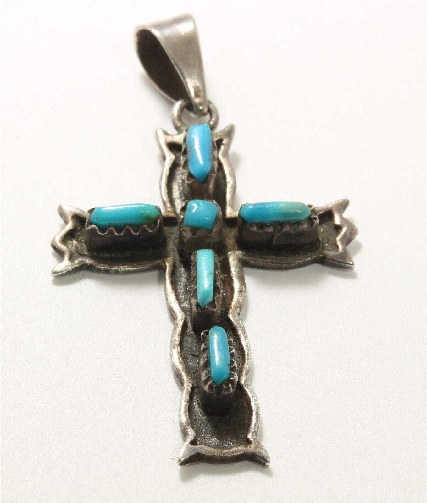 Vintage Zuni SIGNED Sterling Silver Needlepoint Turquoise Cross Pendant