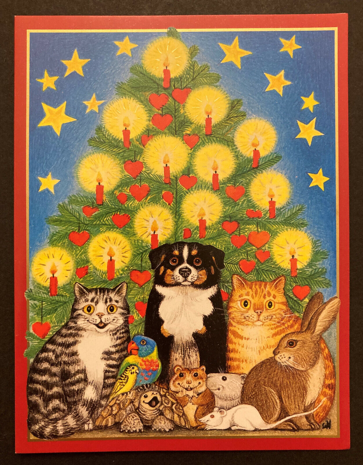 *ONE* Vtg Caspari Christmas Card Cat Dog Rabbit Mouse Squirrel Gisela Buomberger