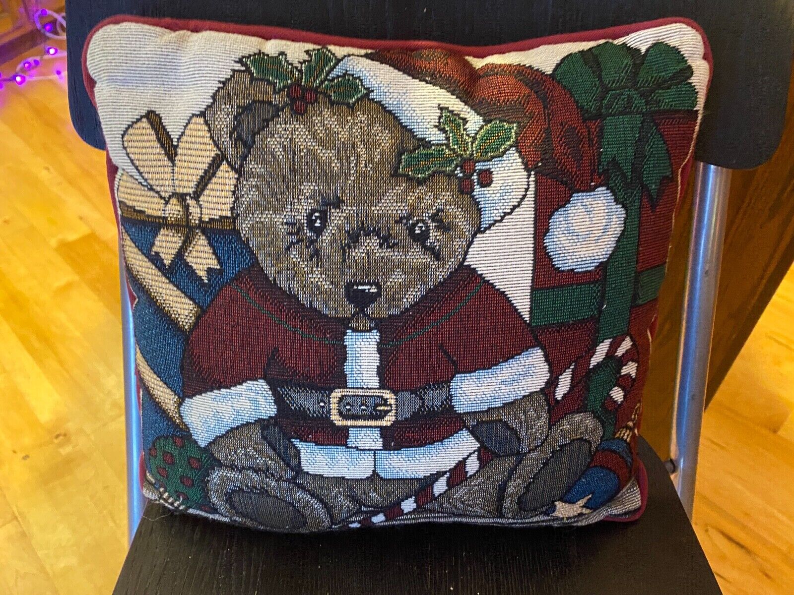 Christmas Teddy Bear Tapestry Throw Pillow Square Maroon green 13x13 Snowman