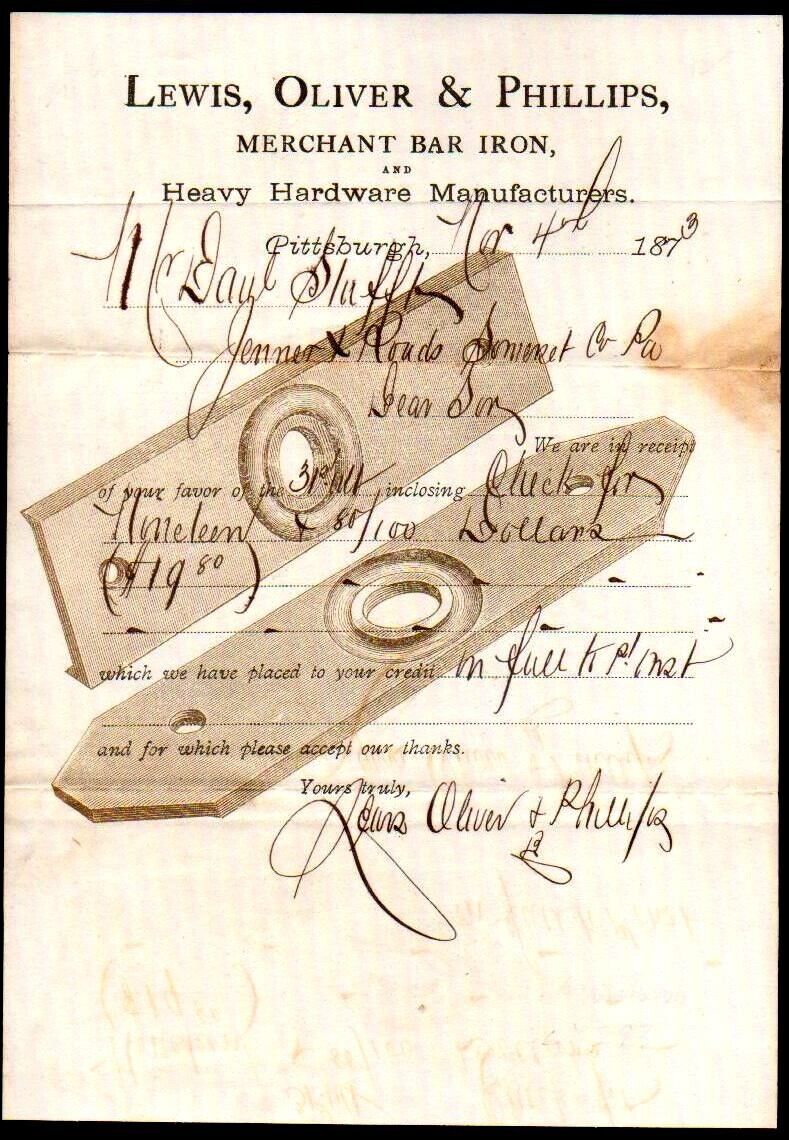 1873 Pittsburgh Pa - Lewis Oliver & Phillips - Hardware - Rare Letter Head Bill