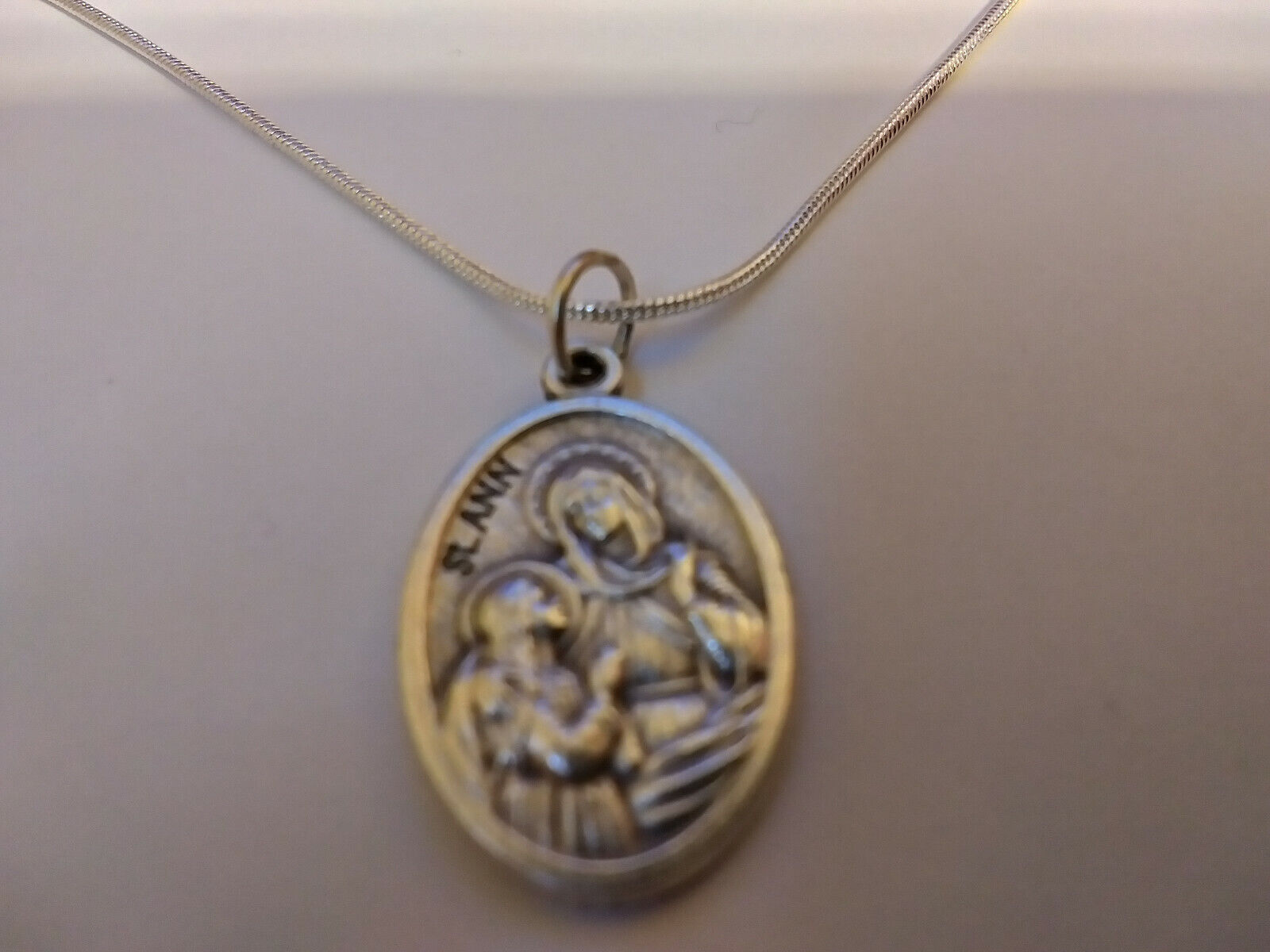 St Saint Ann Anne medal 925 sterling silver chain necklace + prayer card lot